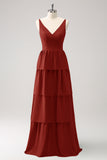 A-Line Rust V-Neck Tiered Long Bridesmaid Dress