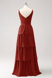 A-Line Rust V-Neck Tiered Long Bridesmaid Dress