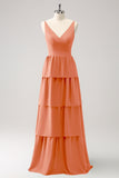 A-Line Rust V-Neck Tiered Long Bridesmaid Dress