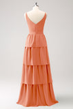 A-Line Rust V-Neck Tiered Long Bridesmaid Dress