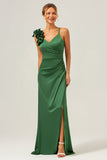 Olive Green Sheath Pleated Satin Long Bridesmaid Dress with Slit