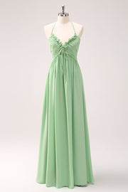 Light Green A Line Halter Backless Lace Up Long Bridesmaid Dress