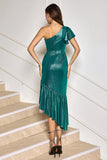 Dark Green One Shoulder Bodycon Metallic Cocktail Dress with Ruffles