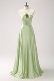 Light Green A-Line Halter Hollow Out Satin Bridesmaid Dress with Flower