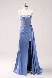 Sparkly Blue Spaghetti Straps Corset Formal Dress with Lace-Up Back