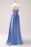 Sparkly Blue Spaghetti Straps Corset Formal Dress with Lace-Up Back