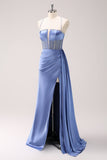 Sparkly Blue Spaghetti Straps Corset Formal Dress with Lace-Up Back