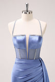 Sparkly Blue Spaghetti Straps Corset Formal Dress with Lace-Up Back