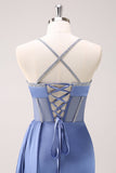 Sparkly Blue Spaghetti Straps Corset Formal Dress with Lace-Up Back