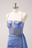 Sparkly Blue Spaghetti Straps Corset Formal Dress with Lace-Up Back