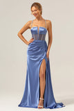 Sparkly Blue Mermaid Spaghetti Straps Corset Formal Dress with Lace-Up Back