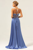 Sparkly Blue Mermaid Spaghetti Straps Corset Formal Dress with Lace-Up Back