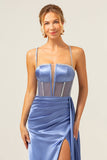 Sparkly Blue Mermaid Spaghetti Straps Corset Formal Dress with Lace-Up Back