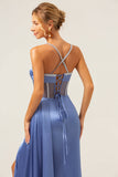 Sparkly Blue Mermaid Spaghetti Straps Corset Formal Dress with Lace-Up Back