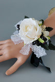 Luxury Black White Homecoming Wrist Corsage and Men's Boutonniere Set