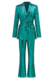 Sparkly Green Sequins Notched Lapel Women Choir Suits with Belt