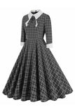 Black Plaid Lapel Neck Vintage 1950s Dress with Half Sleeves