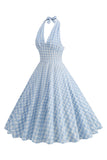 Halter Blue Plaid 1950s Dress With Bow