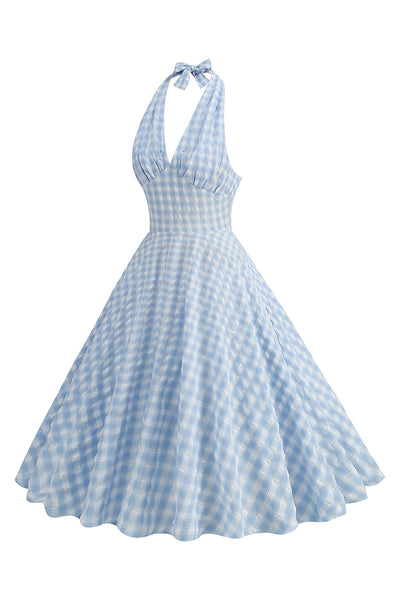 ZAPAKA Women Halter 1950s Dress With Bowknot Blue Plaid Sleeveless A ...