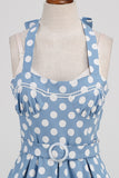 A Line Blue Polka Dots Vintage 1950s Dress With Belt