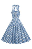 A Line Blue Polka Dots Vintage 1950s Dress With Belt