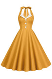 Halter Yellow A-Line Pleated Vintage Dress