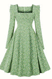 A Line Square Neck Green Vintage Dress with Long Sleeves