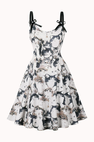 Black A-Line Pin Up Vintage Dress with Cat Pattern