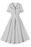 White Lapel Neck Polka Dots Vintage Dress with Short Sleeves