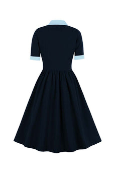 A-Line Navy Retro Button Up Vintage Dress with Short Sleeves