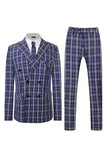 Royal Blue Plaid Peak Lapel Double Breasted 2 Piece Men's Suits