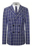 Royal Blue Plaid Peak Lapel Double Breasted 2 Piece Men's Suits