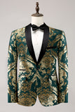 Dark Green Shawl Lapel One Button Jacquard Men's Formal Blazer