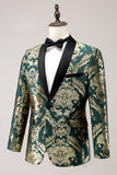 Dark Green Shawl Lapel One Button Jacquard Men's Formal Blazer