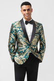 Dark Green One Button Jacquard Men's Formal Blazer with Shawl Lapel