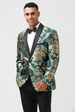 Dark Green One Button Jacquard Men's Formal Blazer with Shawl Lapel