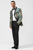 Dark Green One Button Jacquard Men's Formal Blazer with Shawl Lapel