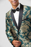 Dark Green One Button Jacquard Men's Formal Blazer with Shawl Lapel