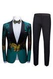 Peacock Green 2 Pieces Jacquard Shawl Lapel Men's Formal Suits