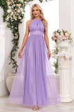 Sparkly Purple A Line Halter Long Formal Dress