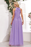 Sparkly Purple A Line Halter Long Formal Dress