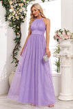 Sparkly Purple A Line Halter Long Formal Dress