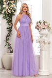 Sparkly Purple A Line Halter Long Formal Dress