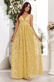 Yellow V-Neck Long Formal Dress With Appliques