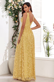 Yellow V-Neck Long Formal Dress With Appliques