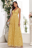 Yellow V-Neck Long Formal Dress With Appliques