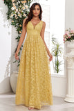 Yellow V-Neck Long Formal Dress With Appliques