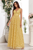 Yellow V-Neck Long Formal Dress With Appliques