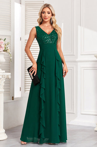 Sparkly Dark Green A Line Sequins Long Formal Dress with Ruffles