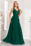 Sparkly Dark Green A Line Sequins Long Formal Dress with Ruffles